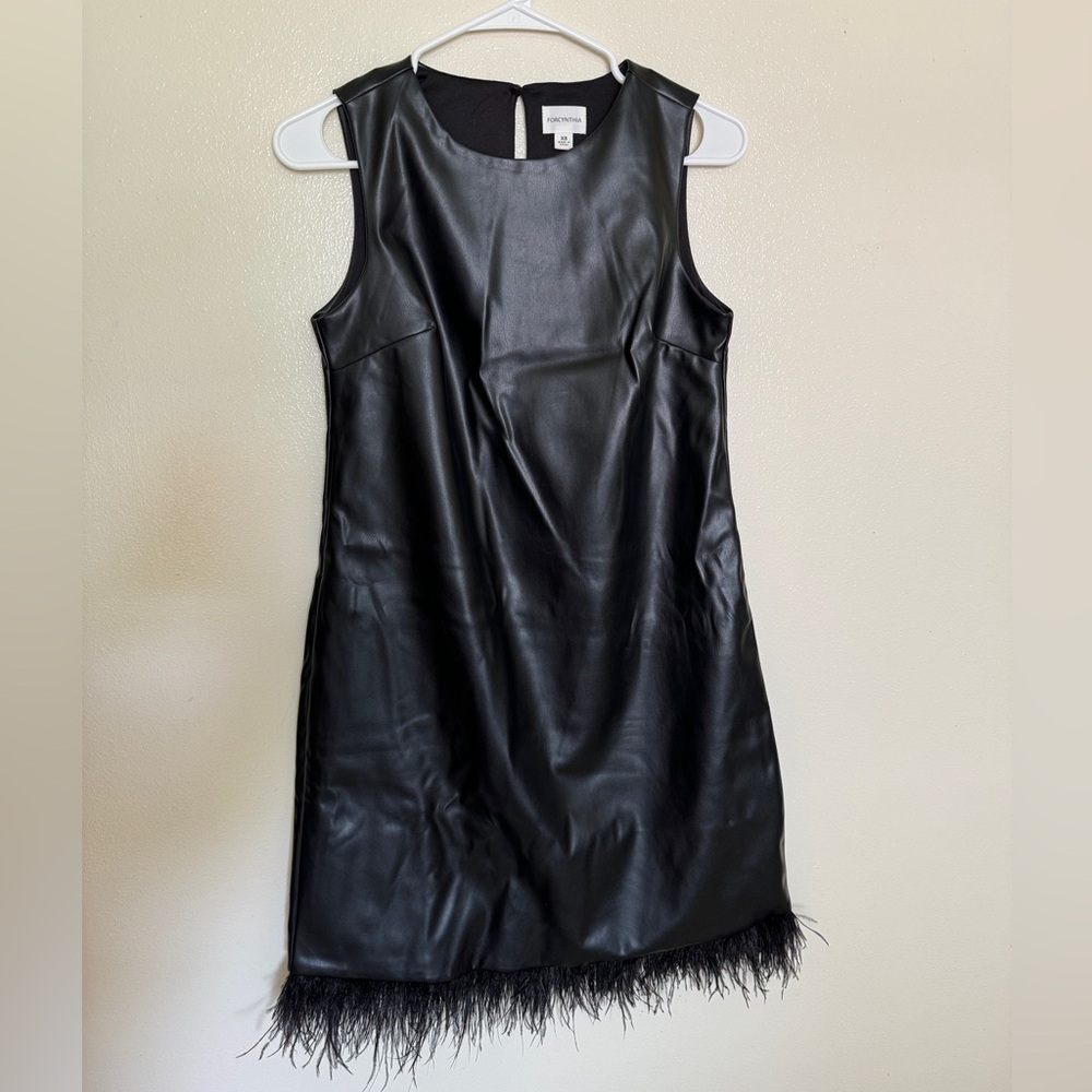 Vintage Black Leather Dress with Feather Hem